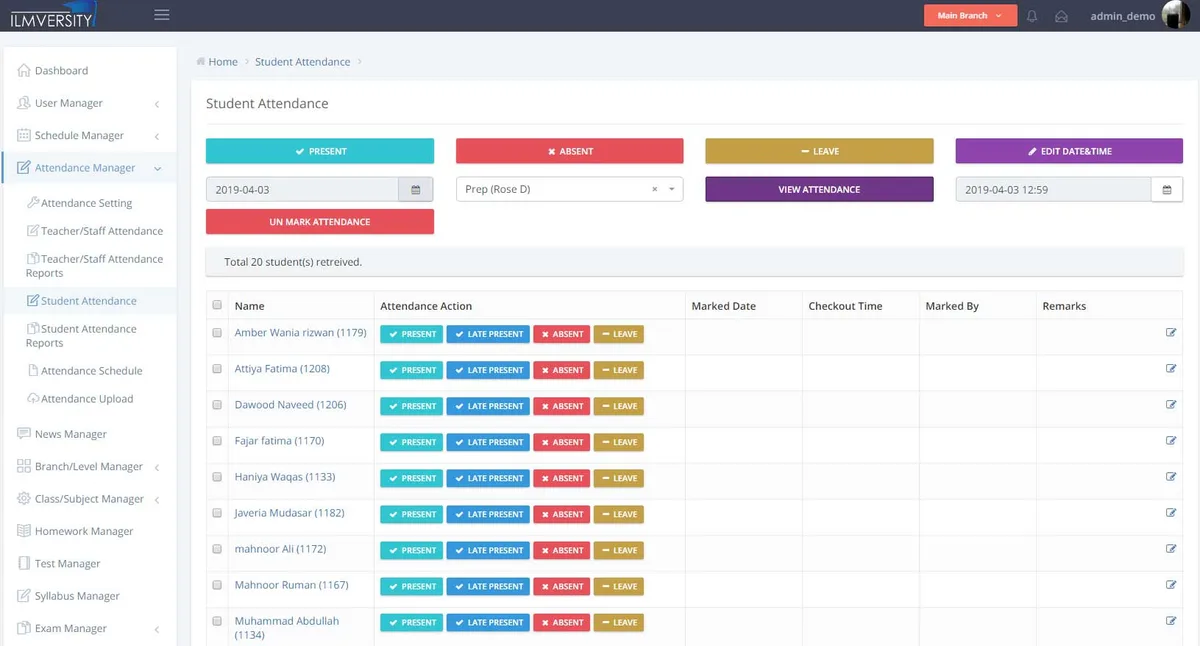 Ilmversity attendance management screen